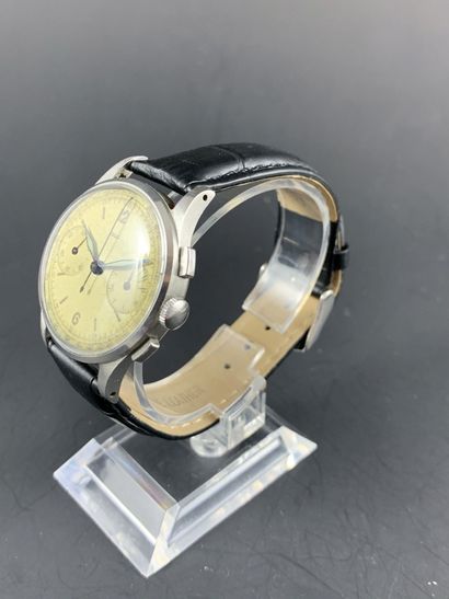 null JAEGER About 1950. Ref: 1231597 / 224112. Stainless steel chronograph, round...