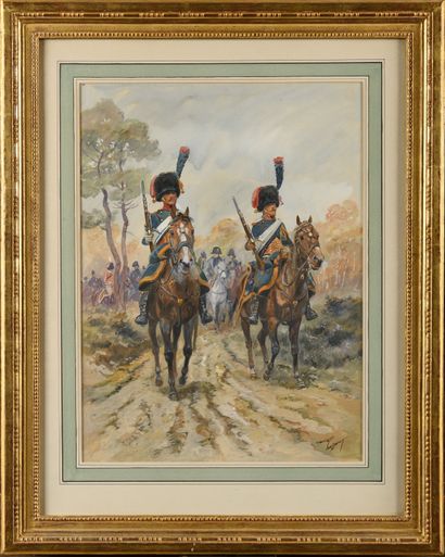 null Maurice TOUSSAINT (1882-1974) Mounted chasseurs of the Imperial Guard opening...