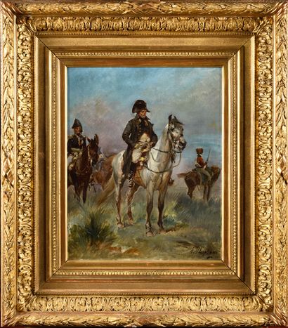  Henri DUPRAY (1841-1909). Ecole française L’Empereur Napoléon Ier à cheval, accompagné...