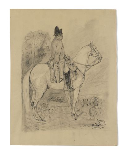  ANONYME. Ecole française. L’Empereur Napoléon Ier à cheval surplombant un champ...