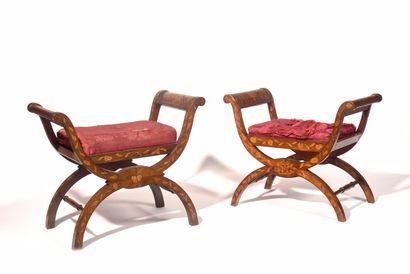 null TWO X-TOP TABOURETS with flower marquetry, the curved base with braces. Holland,...