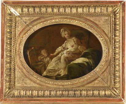 null Attributed to ETIENNE AUBRY (1745-1781) The young mother Panel, in an oval frame...