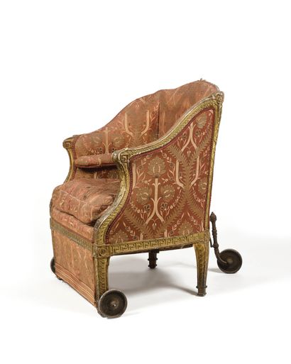 null Gilded wood shepherd's chair with a frieze of Greek, discs and piastres, resting...
