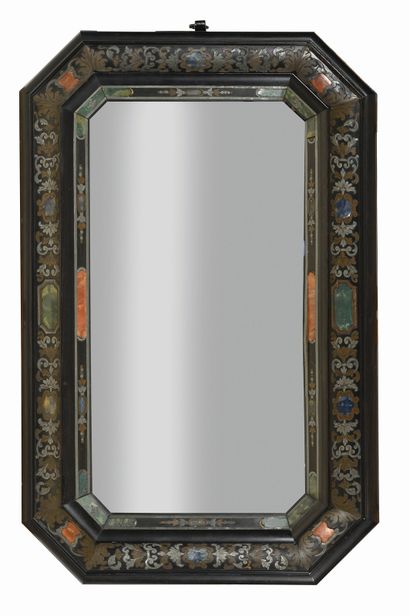 null A copper, engraved brass and tinted horn marquetry mirror, with cut sides, decorated...