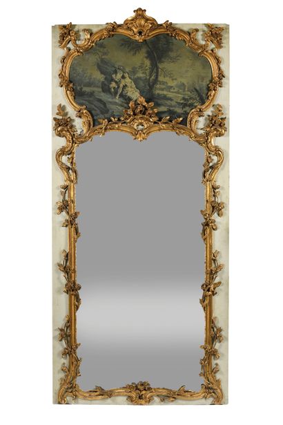 null Painted and gilded wood trumeau, with a double frame carved with rocaille, flowers...