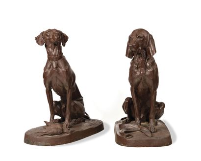 null PAIR OF SEATED HUNTING DOG FIGURES in painted cast iron, signed A.J. for Alfred...