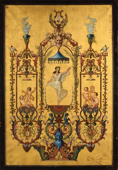 null PANEL PAINTED ON CANVAS with arabesque decoration on a gold background of antique...