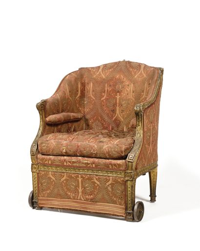 null Gilded wood shepherd's chair with a frieze of Greek, discs and piastres, resting...