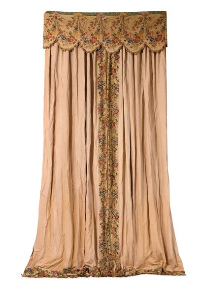 null TWO PAIRS OF CURTAINS with their valances decorated with flowers. We join their...