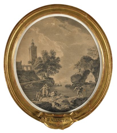 null CLAUDE-JOSEPH VERNET (1714-1789), AFTER MARINES Pair of oval engravings in beautiful...