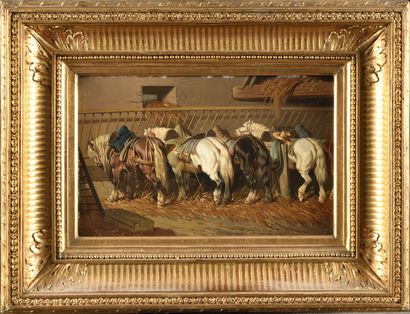 null Theodore FORT (1810-1896) Horses at the trough Oil on panel, signed lower left,...
