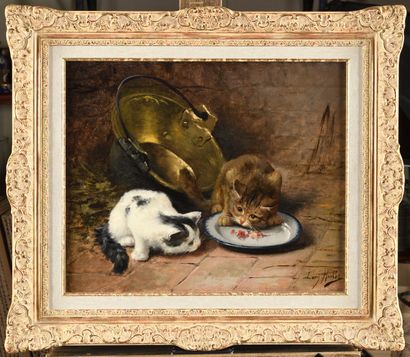 null Léon Charles HUBER (1858-1928) Chatons à la gamelle Oil on canvas Signed lower...