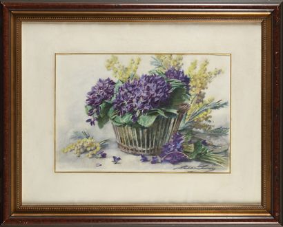 null Madeleine LEMAIRE (1845-1928) Nature morte au panier Watercolour, signed lower...