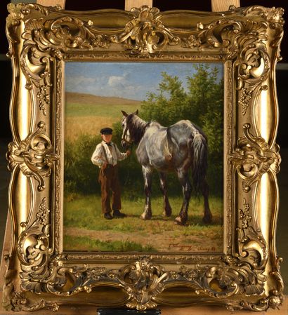 null Charles Philogène TSCHAGGENY (1815-1894) Page holding a horse, Chimay Oil on...
