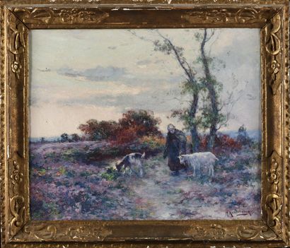 null Michel KOROCHANSKY (1866-1925) Shepherdess and her sheep Oil on canvas Signed...