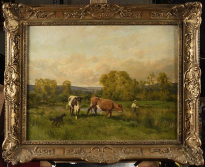 null Clément QUINTON (1851-1920) Vaches à l'étang Oil on canvas Signed lower right...