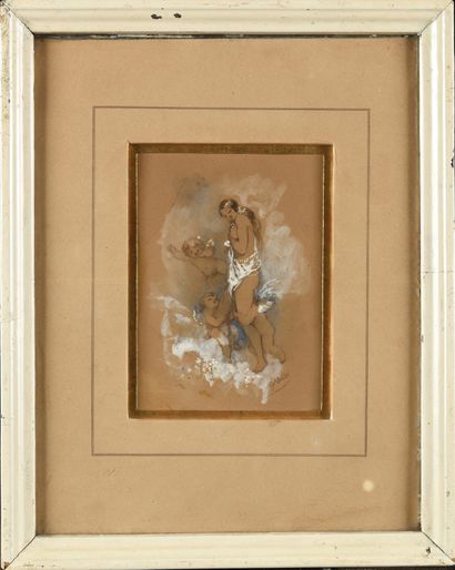 null Hippolyte Omer BALLUE (1820-1867) Femme et putti Drawing and gouache highlight...