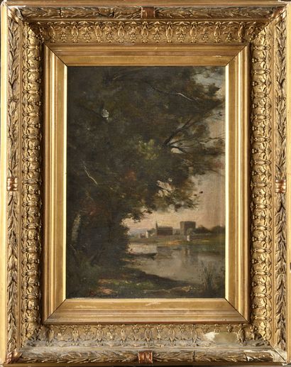 Edmond RENAULT (1829-1905) Paysage à la barque...