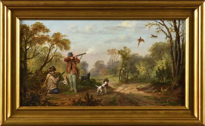 null FRENCH SCHOOL of the 19th century Scène de chasse Pair of oils on panel 22,5...