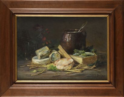 null Emmanuel ROUSSEAU (XIX-XX) Nature morte au fromage Oil on canvas Signed and...