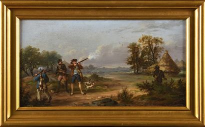 null FRENCH SCHOOL of the 19th century Scène de chasse Pair of oils on panel 22,5...