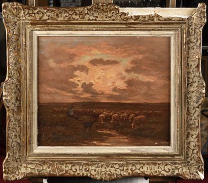 null Jean Ferdinand CHAIGNEAU (1830-1906) Troupeau au coucher du soleil Oil on canvas...
