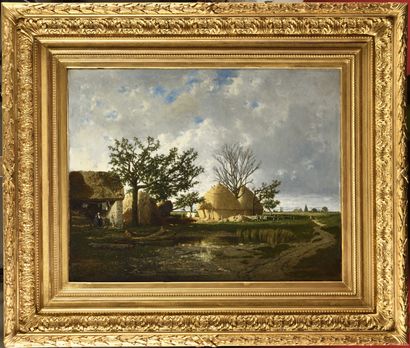 null Eugène DESHAYES (1828-1890) Meules de paille aux abords d'une ferme en Seine-et-Marne...