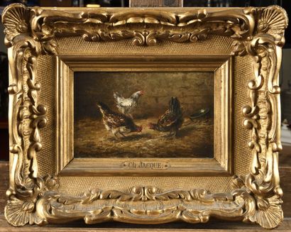 null Charles Emile JACQUE (1813-1894) Les poules Oil on panel, signed lower left,...