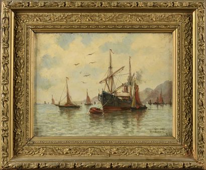 null Léon LECLERC (1866-1930) Navire au port de Dunkerque Oil on canvas Signed and...