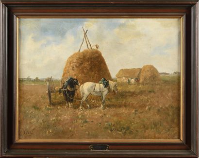 null Léon Georges CALVES (1848-1923) Chevaux aux champs Oil on canvas, signed lower...