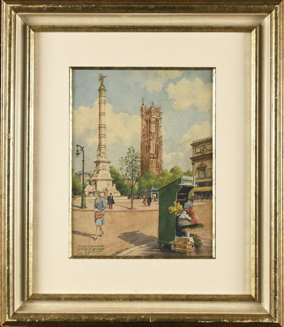 null Georges GRELET (1869-1967) Place du Châtelet et tour Saint Jacques Aquarelle...