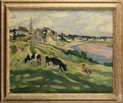 null Suzanne DINKES (1895-1984) Vaches en bord de mer Oil on canvas, signed lower...