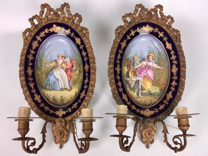 SEVRES Pair of oval porcelain dishes mounted...