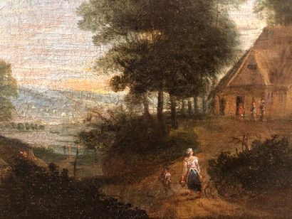 null ECOLE HOLLANDAISE du XVIIIe siècle Une bergère et son enfant rentrant au village...