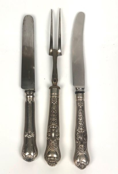  Set of TABLE KNIVES including: - 32 knives chiselled with a coat of arms, shell...