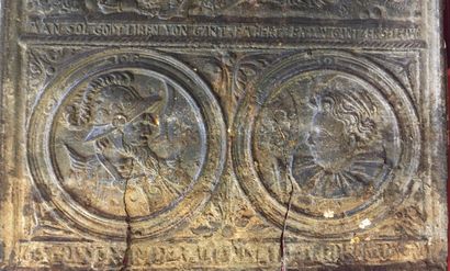 null Cast iron CHIMNEY PLATE decorated with a baptismal scene, monogrammed in an...