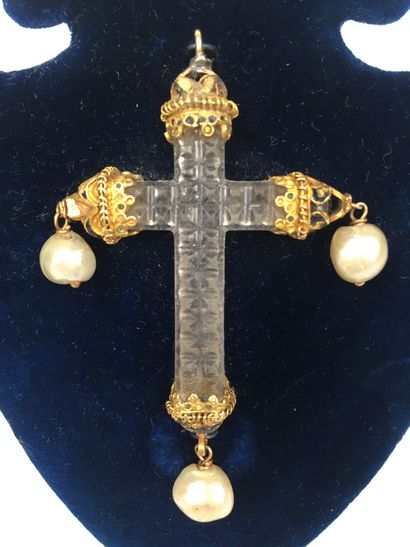 null CROSS in cut rock crystal decorated with gilded metal (?) and baroque pearls...