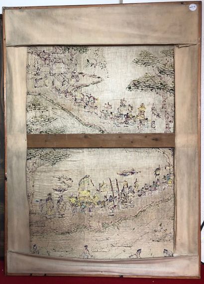 null CHINA Large embroidered hanging with a palace scene. 20th century 151 x 109...