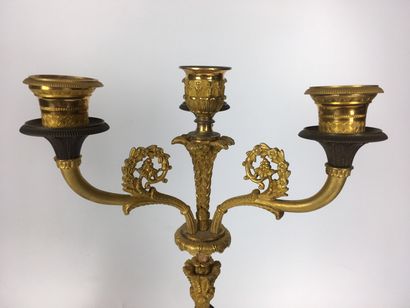 null A PAIR OF CANDELABRES in gilt and patinated bronze with three arms of lights...