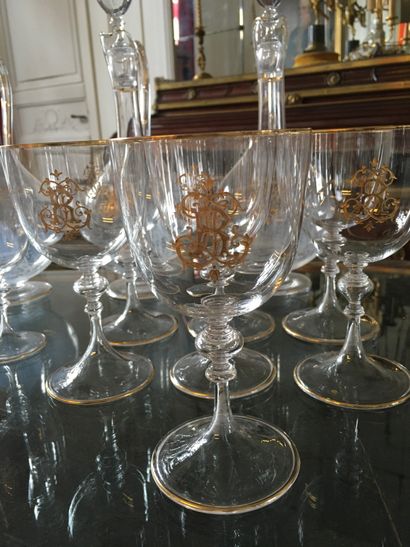 null Gilt edged glassware set, bearing the number R in gilt interlacing, comprising:...