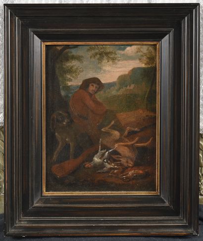 null Adrien de GRYEFF (1657-1722) Trophée de chasse avec un chasseur Panneau signé...