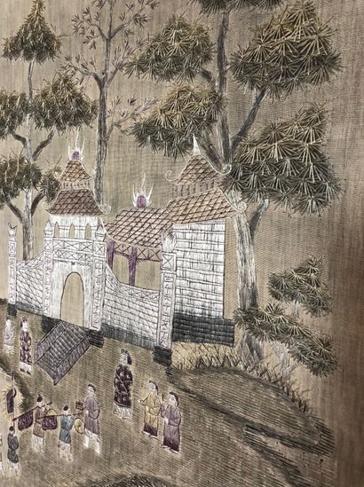 null CHINA Large embroidered hanging with a palace scene. 20th century 151 x 109...