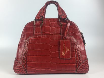 null LANCEL "Adjani" bag in red crocodile style leather, gold metal trimmings, pompom....