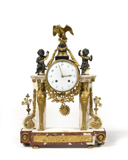 null A white marble and gilt bronze PORTICAL HANGER with double caryatid uprights...