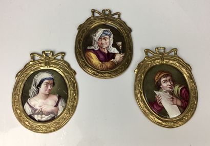 THREE MINIATURES on enamel with characters,...