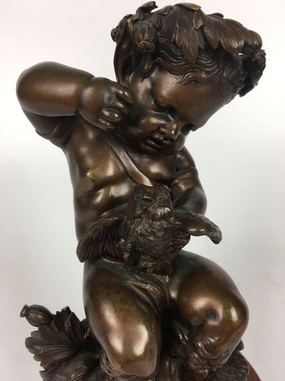 null FRENCH SCHOOL of the XIXth century Satyr on a mound playing with an owl Circular...