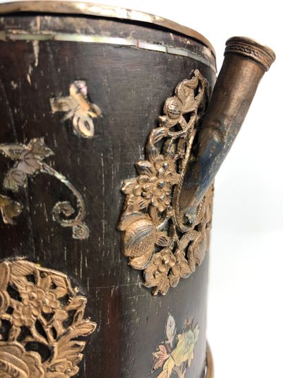 null VIETNAM Hardwood water pipe with mother-of-pearl inlaid decoration of a scene...