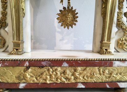null A white marble and gilt bronze PORTICAL HANGER with double caryatid uprights...