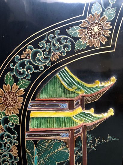  CHINA Six-panel lacquered wood screen with painted decorations and inlays of hard...