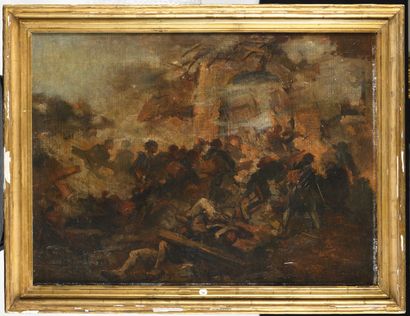 null Alphonse de NEUVILLE (1835-1885) Les Barricades Huile sur toile d'origine (esquisse)...